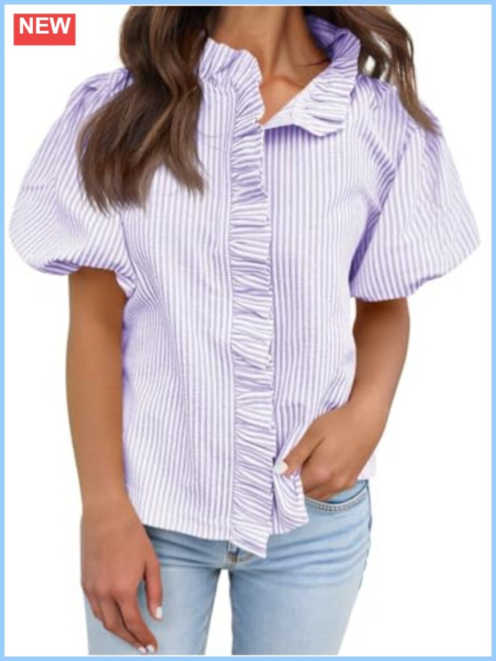 Women's Short Puff Sleeve Button Down Striped Blouse Ruffle Collar